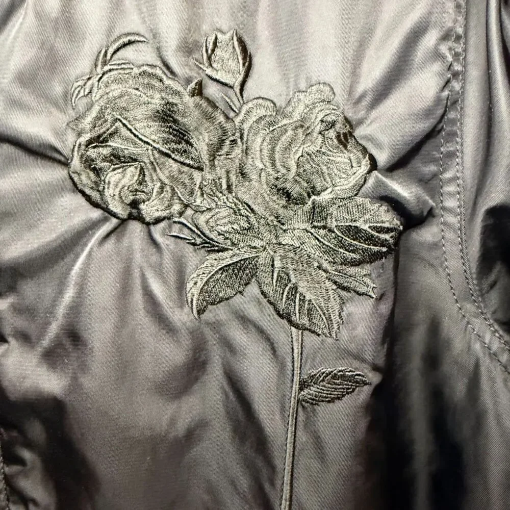 Obey Rose Embroidery Fleece-Lined Longline Black Bomber Jacket size M - Picture 7 of 12